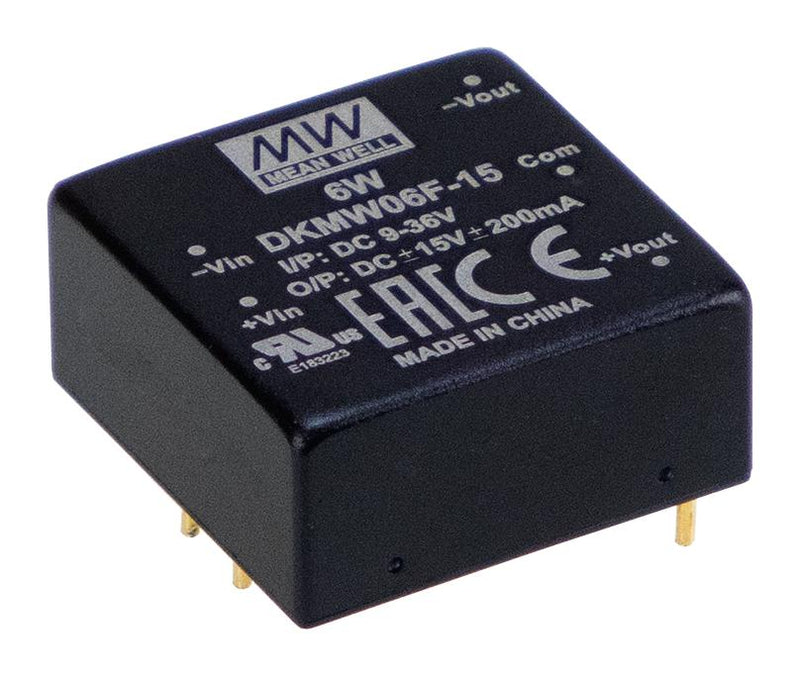 Mean Well DKMW06F-15 Isolated Through Hole DC/DC Converter ITE 4:1 6 W 2 Output 15 V 200 mA