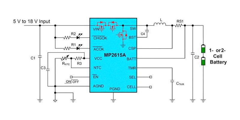 Monolithic Power Systems (MPS) MP2615AGQ-P Battery Charger Dual Cell of Li-Ion Li-Pol 12 V Input 8.7 V/2 A Charge QFN-16