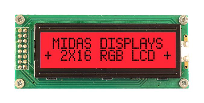 Midas MD21605B6W-FPTLRGB MD21605B6W-FPTLRGB Alphanumeric LCD 16 x 2 Black on RGB 5V Transflective