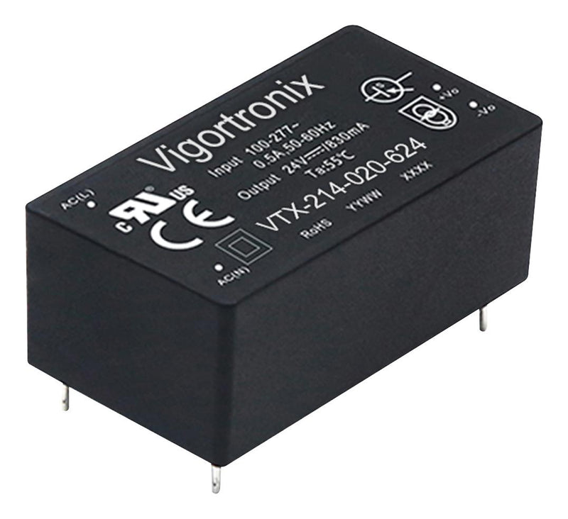 Vigortronix VTX-214-020-624 AC/DC PCB Mount Power Supply (PSU) Class II ITE Household &amp; Transformers 1 Output 20 W 24 VDC