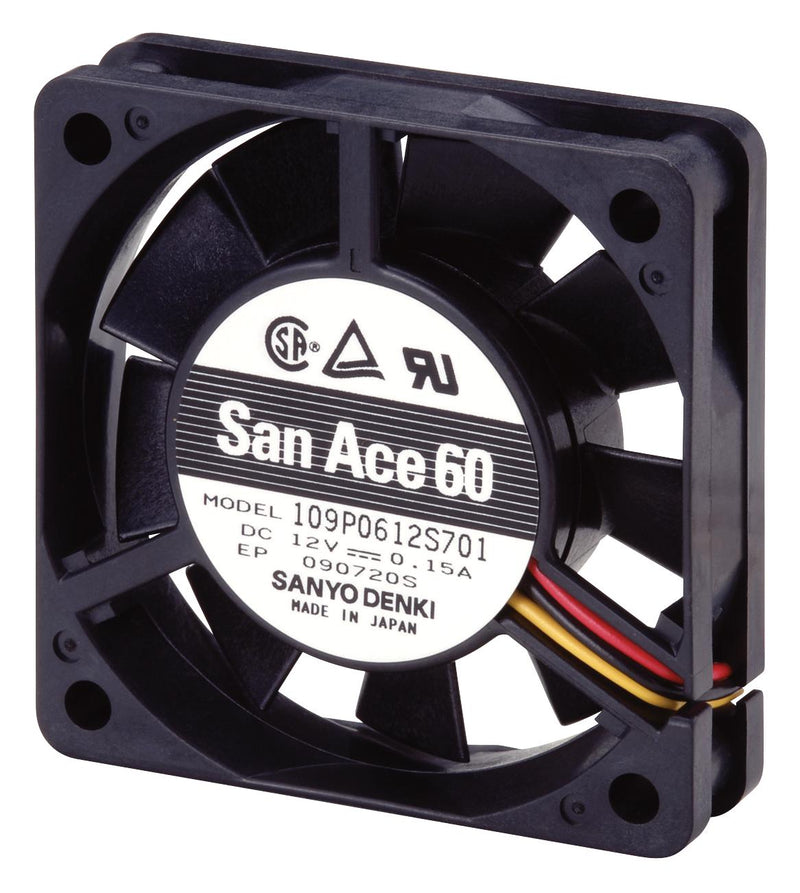 Sanyo Denki 109P0612H702 DC Axial Fan 12 V Square 60 mm 15 Ball Bearing 14.1 CFM