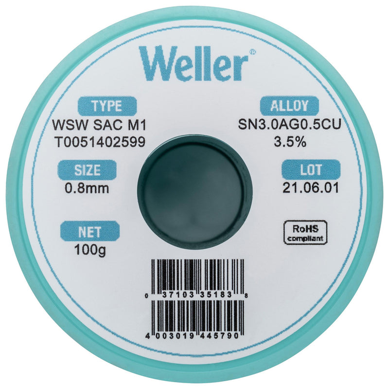 Weller T0051402499 T0051402499 Solder Wire No Clean Lead Free 96.5 3 0.5 Sn Ag Cu 100G 221 &Acirc;&deg;C WSW Series 1 mm OD New