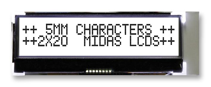 Midas MCCOG22005A6W-FPTLWI MCCOG22005A6W-FPTLWI Alphanumeric LCD 20 x 2 Black on White 3V to 5V I2C English Japanese Transflective