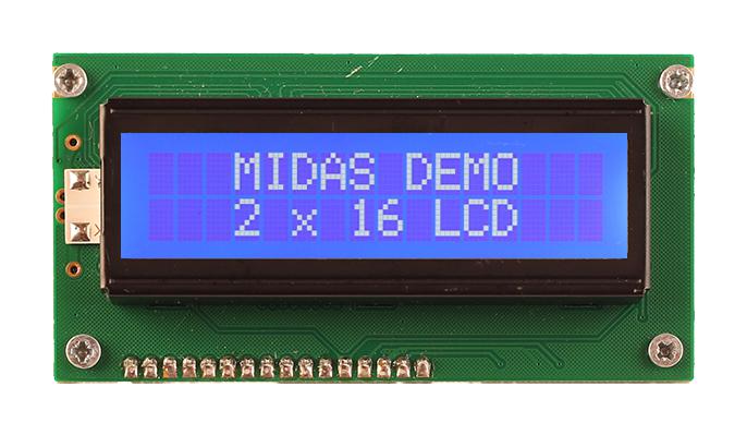 Midas MC21605A6W-BNMLW3.3-V2 MC21605A6W-BNMLW3.3-V2 Alphanumeric LCD 16 x 2 White on Blue 3.3V Parallel English Japanese Transmissive