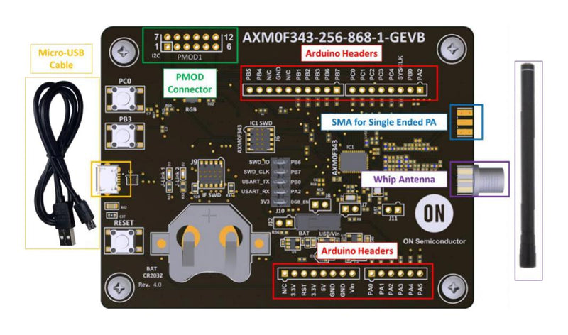 Onsemi AXM0F343-256-868-1-GEVK AXM0F343-256-868-1-GEVK Evaluation Kit AXM0F343-256-1-TX40 868 MHZ RF Microcontroller