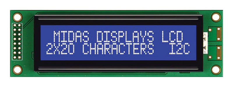 MIDAS MC22005A6W-BNMLWI-V2 Alphanumeric LCD, 20 x 2, White on Blue, 5V, I2C, English, Japanese, Transmissive