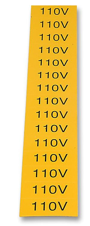 TE CONNECTIVITY 13033 Label, 110V, Vinyl, Black on Yellow, Self Adhesive, 11mm x 30mm, Card of 20