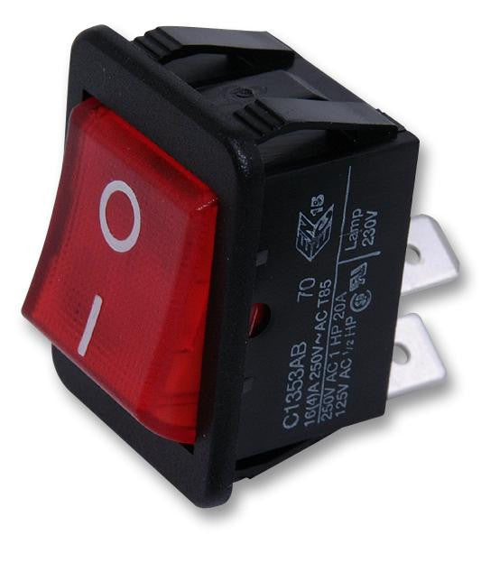 ARCOLECTRIC C1353AB0/1RED Rocker Switch, Illuminated, DPST, Off-On, Red, Panel, 16 A