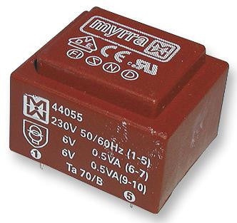 MYRRA 44162 Isolation Transformer, EI 30 x 18, 2.3 VA, 1 x 230V, 24V, 96 mA, PCB MOUNTED 44xxx Series