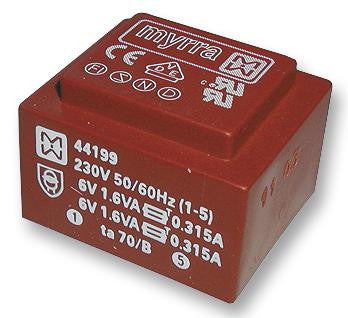 MYRRA 44201 Isolation Transformer, EI 38, 3.2 VA, 1 x 230V, 2 x 12V, 160 mA, PCB MOUNTED 44xxx Series