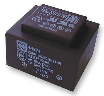 MYRRA 44275 Isolation Transformer, EI 48, 10 VA, 1 x 230V, 2 x 18V, 278 mA, PCB MOUNTED 44xxx Series