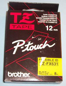 BROTHER TZE-FX631 TAPE, 12MM, BLACK/YELLOW, FLEXIBLE