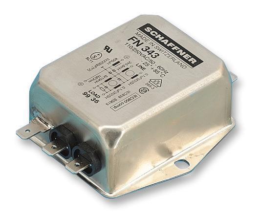 SCHAFFNER FN343-10-05 Power Line Filter, Chassis, 0.1 &iuml;&iquest;&frac12;F, 250 V, 10 A, EMI, RFI, Quick Connect, 270 &iuml;&iquest;&frac12;H