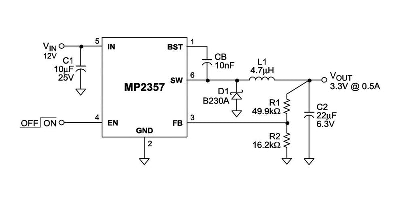 Monolithic Power Systems (MPS) MP2357DT-LF-P DC-DC Switching Buck (Step Down) Regulator 4.5V-24V in 810mV to 15V out 500mA 1.4MHz SOT-23-6