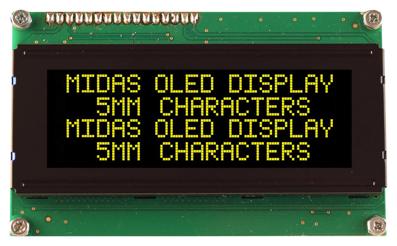 Midas MCOB42005A1V-EYS Alphanumeric Oled 20 x 4 Yellow on Black 5V SPI English Euro Japanese 4.75 mm