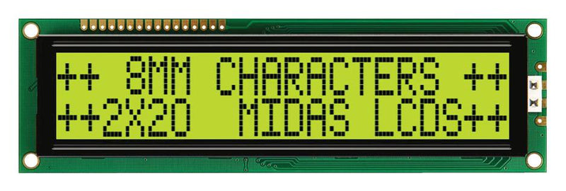 MIDAS MC22008B6W-SPTLY-V2 Alphanumeric LCD, 20 x 2, Black on Yellow / Green, 5V, Parallel, English, Japanese, Transflective