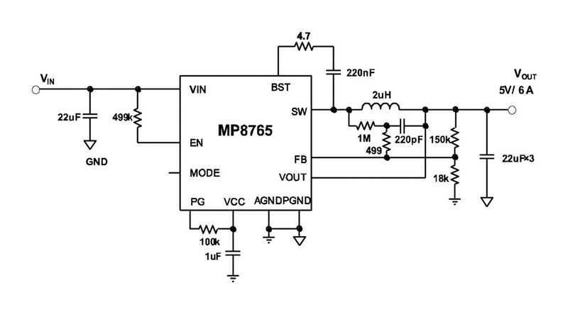 Monolithic Power Systems (MPS) MP8765GQ-P DC-DC Switching Synchronous Buck Regulator 5V-22V in 604mV to 5.5V out 6A 500kHz QFN-16