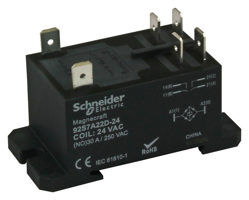 SCHNEIDER ELECTRIC/MAGNECRAFT 92S7A22D-24 POWER RELAY, DPST, 30A, 250V, DIN/PANEL