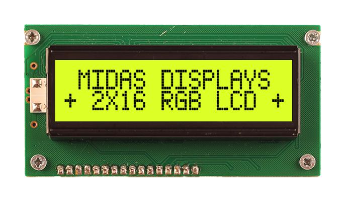 Midas MD21605A6W-FPTLRGB MD21605A6W-FPTLRGB Alphanumeric LCD 16 x 2 Black on RGB 5V Transflective