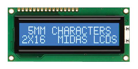 MIDAS MC21605C6W-BNMLW-V2 Alphanumeric LCD, 16 x 2, White on Blue, 5V, Parallel, English, Japanese, Transmissive