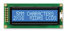 Midas MC21605B6WK-BNMLW-V2 Alphanumeric LCD 16 x 2 White on Blue 5V English Euro Japanese Transmissive