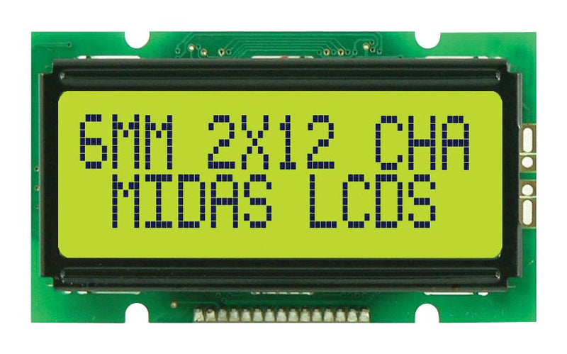 Midas MC21206A6W1-SPTLY Alphanumeric LCD 12 x 2 Black on Yellow / Green 5V Parallel English Japanese Transflective