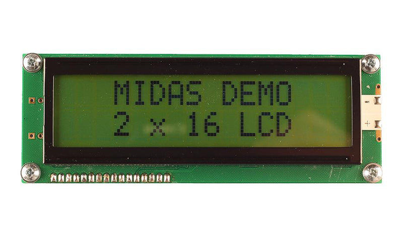 Midas MC21609AB6W-SPTLY3.3-V2 MC21609AB6W-SPTLY3.3-V2 Alphanumeric LCD 16 x 2 Black on Yellow / Green 3.3V Parallel English Japanese