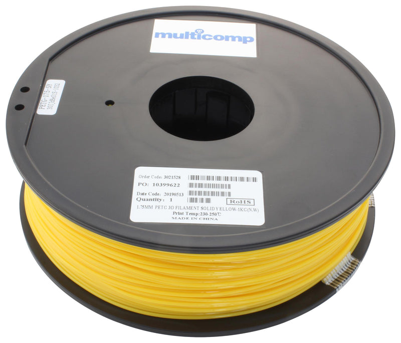 Multicomp MC011474 3D Printer Filament Petg 1.75 mm Solid Yellow 250 &deg;C Melting Temp