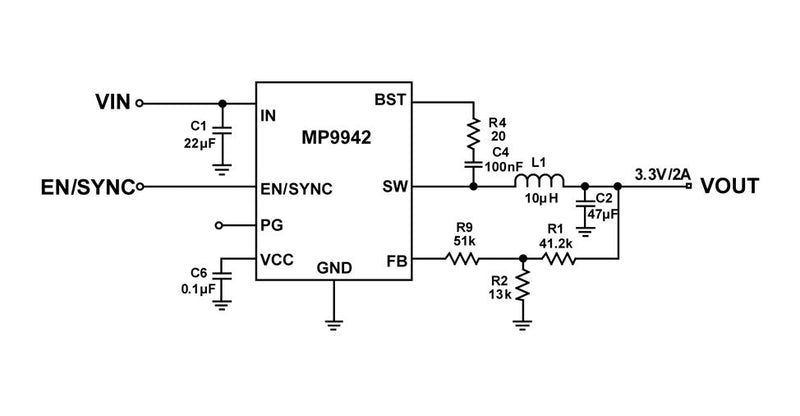 Monolithic Power Systems (MPS) MP9942AGJ-P DC-DC Switching Synchronous Buck Regulator 4V-30V in 800mV to 27V out 2A 410kHz TSOT-23-8