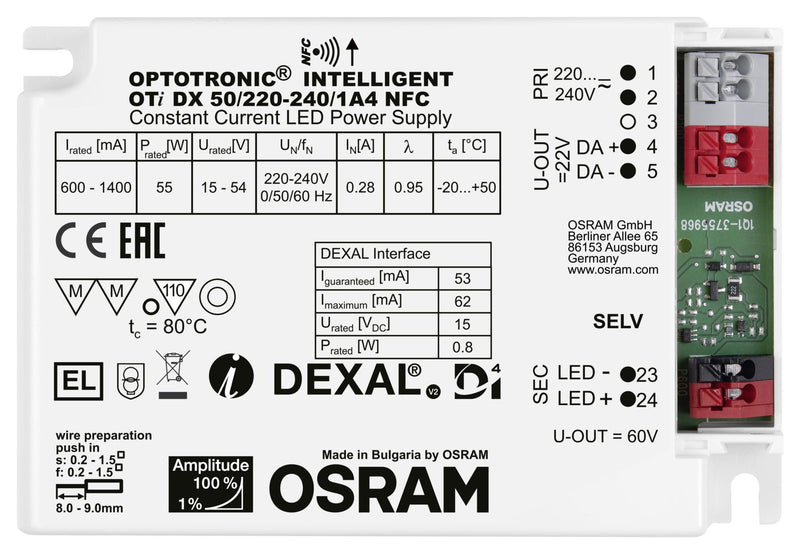 Osram OTI-DX-50/220-240/1A4-NFC LED Driver Lighting 55 W 60 V 1.4 A Constant Current 198