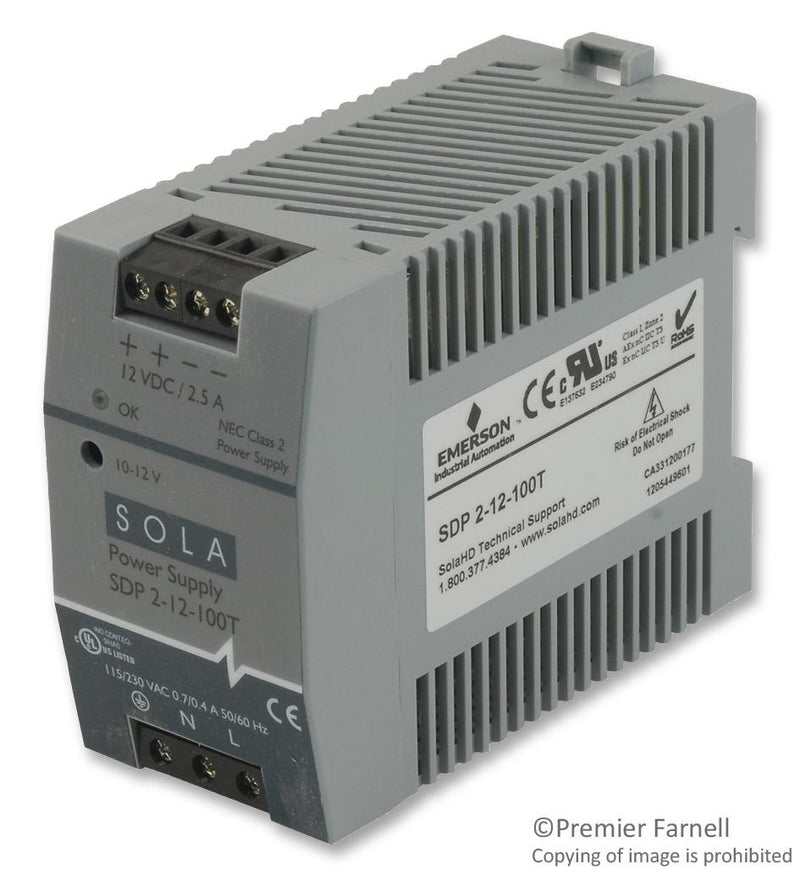 SOLAHD SDP2-12-100T AC-DC CONVERTER, DIN RAIL, 1 O/P, 3A to 2.5A, 12V