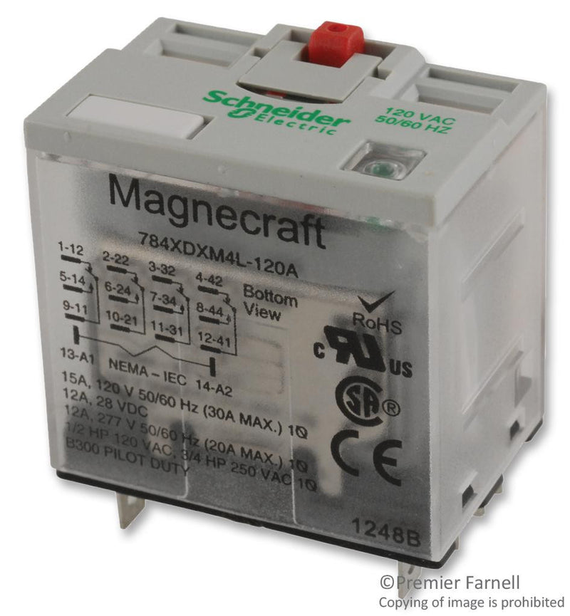 SCHNEIDER ELECTRIC/MAGNECRAFT 784XDXM4L-120A RELAY, 4PDT, 277VAC, 28VDC, 12A