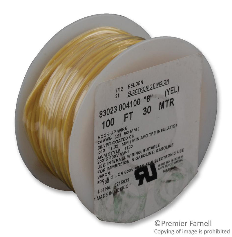 BELDEN 83023 004100 HOOK UP WIRE, 100FT, 24AWG COPPER YELLOW