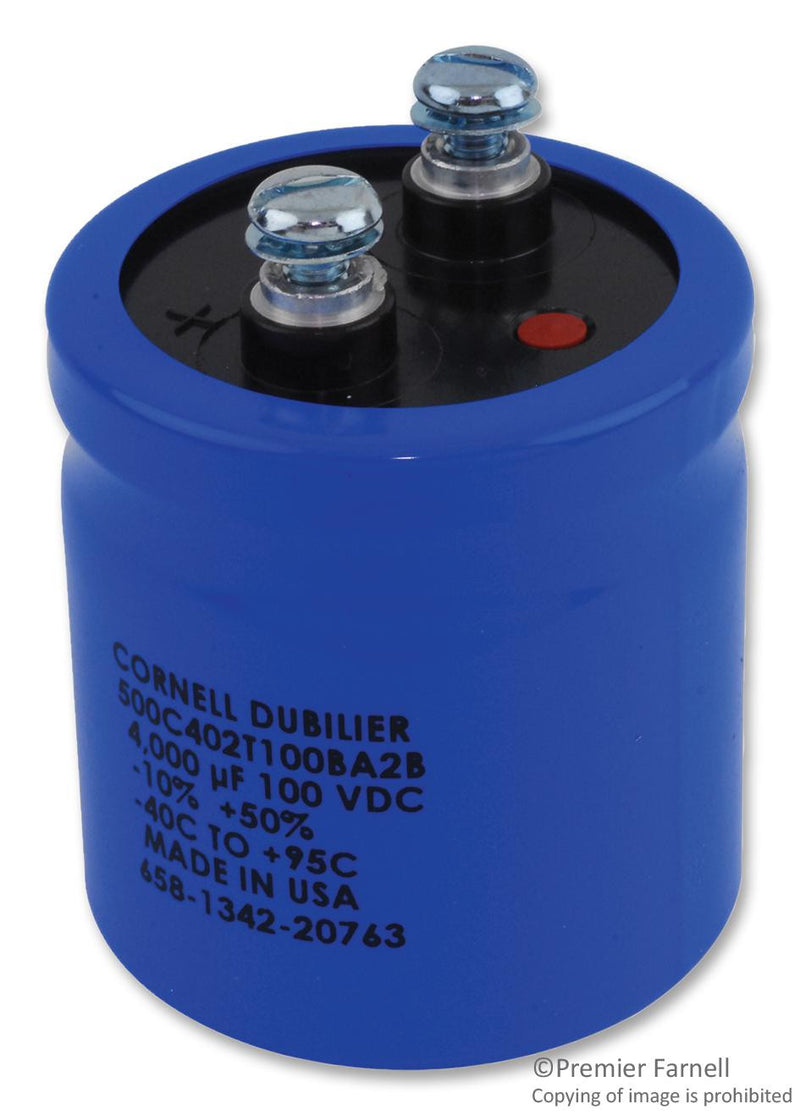 CORNELL DUBILIER 500C402T100BA2B ALUMINUM ELECTROLYTIC CAPACITOR, 4000UF, 100V, +50%/-10% SCREW