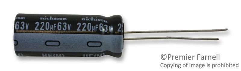 NICHICON UHE1J221MPD1TD ALUMINUM ELECTROLYTIC CAPACITOR, 220UF, 63V, 20%, RADIAL