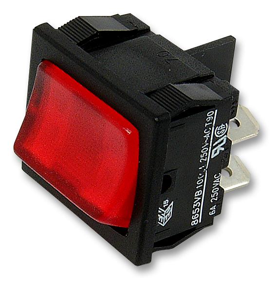 ARCOLECTRIC H8653VBNAC Rocker Switch, Illuminated, DPST, On-Off, Red, Panel, 10 A