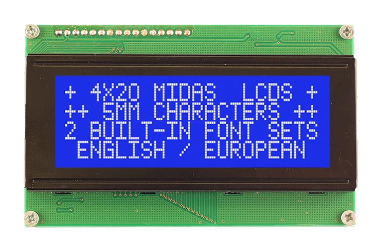 Midas MC42005A6WK-BNMLW-V2 MC42005A6WK-BNMLW-V2 Alphanumeric LCD 20 x 4 White on Blue 5V Parallel English Euro Transmissive New