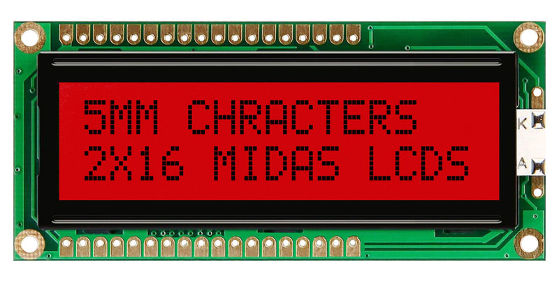 Midas MD21605G6W2-FPTLRGB Alphanumeric LCD 16 x 2 Black on RGB 5V Parallel English Japanese Transflective