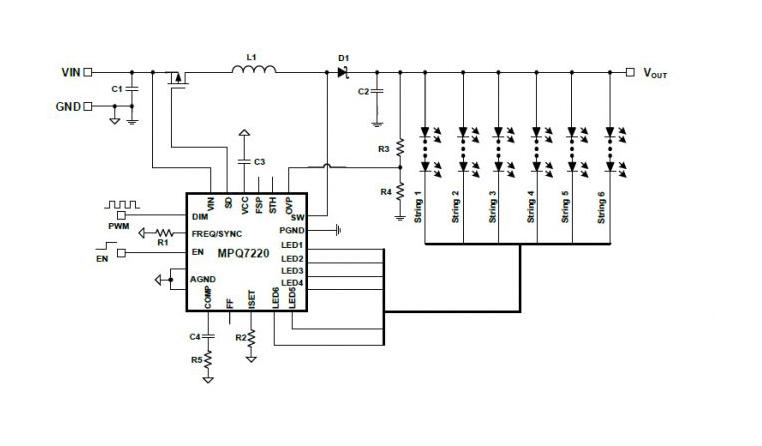 Monolithic Power Systems (MPS) MPQ7220GF-AEC1-P MPQ7220GF-AEC1-P LED Driver AEC-Q100 Boost Step Up 6 Output 3.5 to 36 Vin 0.1 A 2.2MHz TSSOP-EP-28