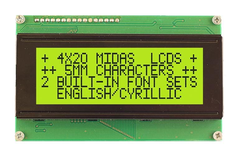 Midas MC42005A6WR-SPTLY-V2 Alphanumeric LCD 20 x 4 Black on Yellow / Green 3V Parallel English Cyrillic Transflective