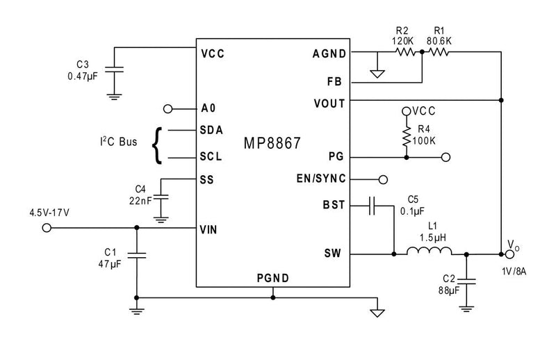 Monolithic Power Systems (MPS) MP8867GLE-P DC-DC Switching Synchronous Buck Regulator 4.5V-17V in 600mV to 5.5V out 8A 500kHz QFN-14 New