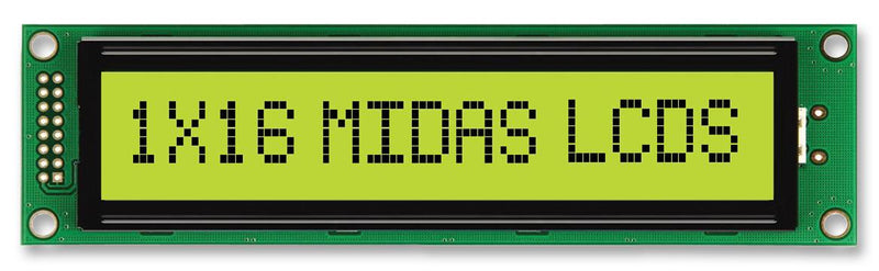 MIDAS MC11615A6W-SPTLY-V2 Alphanumeric LCD, 16 x 1, Black on Yellow / Green, 5V, English, Japanese, Transflective