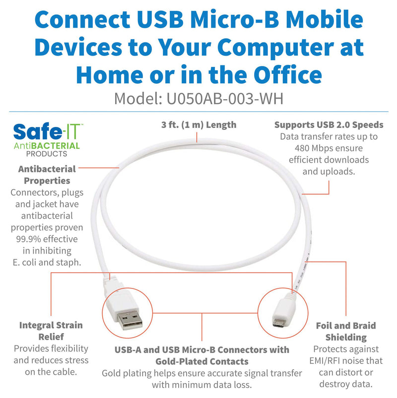 TRIPP-LITE U050AB-003-WH U050AB-003-WH USB Cable 2.0 Type A-MICRO B Plug 3FT