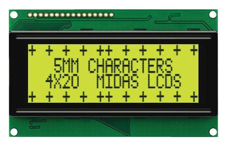 MIDAS MC42005A6W-SPTLY-V2 Alphanumeric LCD, 20 x 4, Black on Yellow / Green, 5V, Parallel, English, Japanese, Transflective