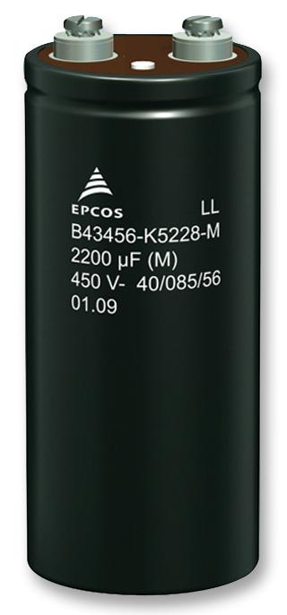 EPCOS B43456A5228M000 Electrolytic Capacitor, Screw, 2200 &micro;F, 450 V, B43456 Series, 12000 hours @ 85&deg;C, &plusmn; 20%, Screw