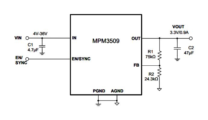 Monolithic Power Systems (MPS) MPM3509GQVE-AEC1-P DC/DC POL Converter Adjustable Sync Buck 2.2MHz 4V to 36V in 0.8V 30.6V/900mA Out QFN-17