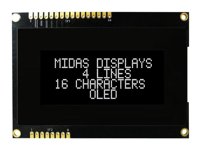 Midas MDOB41605AV-EWM Alphanumeric Oled 16 x 4 White on Black 5V Parallel Serial Cyrillic English Euro 4.75 mm