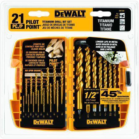 Dewalt DW1361 21 Piece Pilot Point&reg; Titanium Drill Bit Set 43W8278