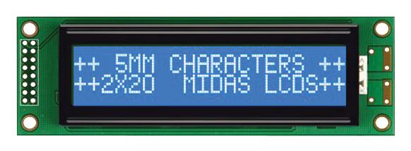 MIDAS MC22005A6WK-BNMLW-V2 Alphanumeric LCD, 20 x 2, White on Blue, 5V, Parallel, English, Euro, Transmissive