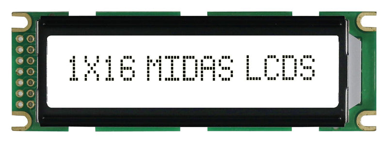 Midas MC11606C6WR-FPTLW Alphanumeric LCD 16 x 1 Black on White 5V Parallel Cyrillic Transflective